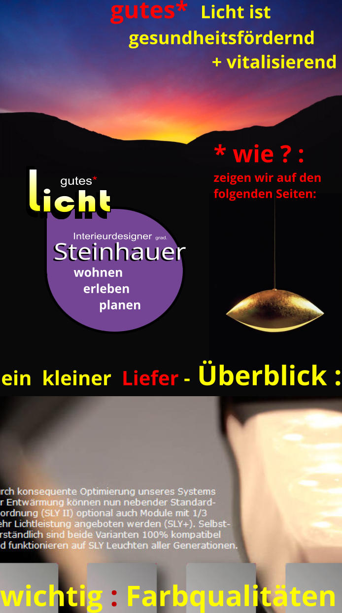 gutes*  Licht ist      gesundheitsfördernd                       + vitalisierend Steinhauer Steinhauer Interieurdesigner grad. wohnen    erleben         planen gutes* ein  kleiner  Liefer - Überblick : wichtig : Farbqualitäten * wie ? : zeigen wir auf den  folgenden Seiten: