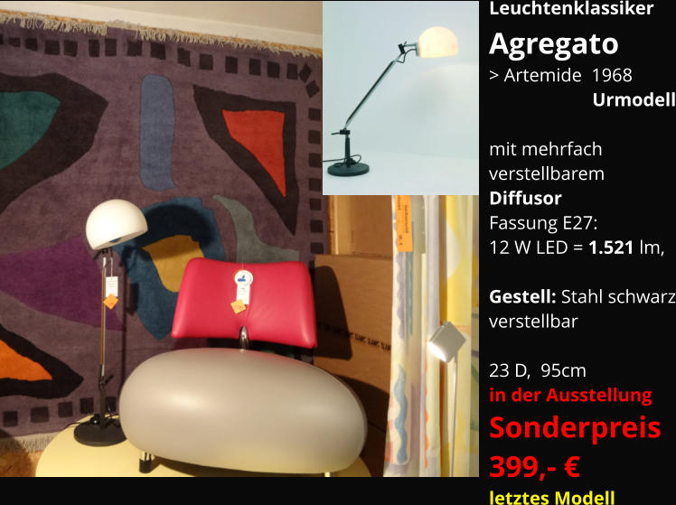 Leuchtenklassiker   Agregato > Artemide  1968                       Urmodell  mit mehrfach  verstellbarem Diffusor Fassung E27:  12 W LED = 1.521 lm,  Gestell: Stahl schwarz verstellbar  23 D,  95cm in der Ausstellung Sonderpreis 399,- €  letztes Modell