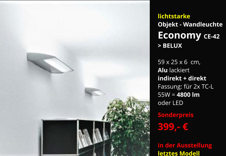 lichtstarke  Objekt - Wandleuchte   Economy CE-42 > BELUX  59 x 25 x 6  cm,  Alu lackiert indirekt + direkt  Fassung: für 2x TC-L  55W = 4800 lm oder LED  Sonderpreis   399,- €  in der Ausstellung letztes Modell