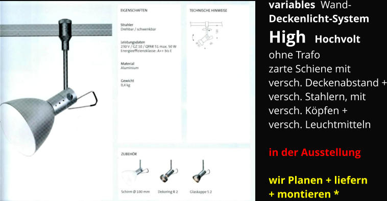 variables  Wand- Deckenlicht-System  High  Hochvolt ohne Trafo zarte Schiene mit  versch. Deckenabstand + versch. Stahlern, mit  versch. Köpfen + versch. Leuchtmitteln  in der Ausstellung  wir Planen + liefern + montieren *